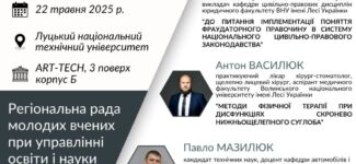 Пленарне засідання Всеукраїнської науково-практичної конференції Регіональної ради молодих вчених при управлінні освіти і науки облдержадміністрації на тему «Сучасна наука та освіта Волині» відбудеться 22 травня 2025 року об 11:00 у просторі «ART-TECH» Луцького національного технічного університету.